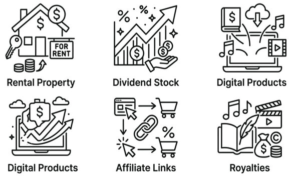 Set of financial icons depicting passive income streams for business investment and digital growth strategy concepts