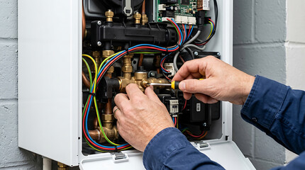 Fototapeta premium Professional plumber hands using a screwdriver to fix or maintain a modern wall mounted gas boiler system.
