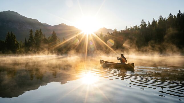Man paddling canoe on foggy lake at sunrise in mountain forest wilderness.