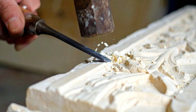 Hand carving limestone relief with chisel and mallet in workshop