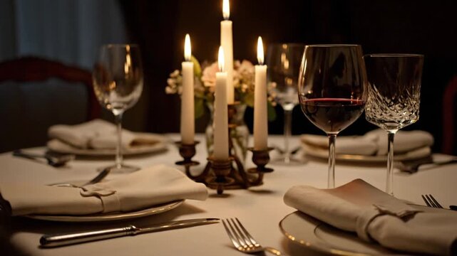 Romantic Candlelit Dinner Table Setting with Wine Glasses and Elegant Decor.