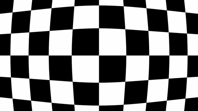 abstract black and white checkerboard optical illusion background loop, distorted spherical 3d grid pattern