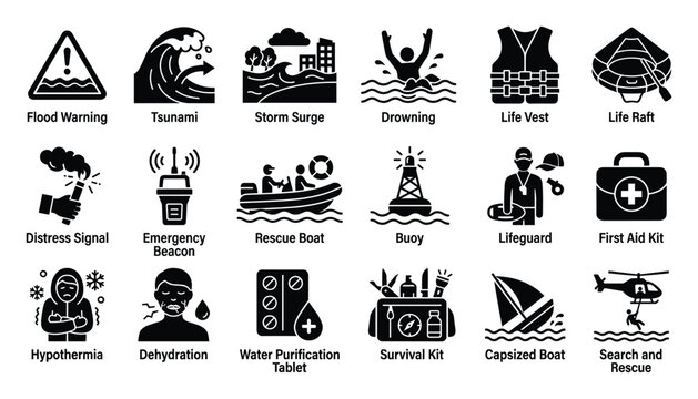 Water safety and emergency warning icons for maritime hazards and survival preparedness guides.