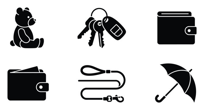 Everyday objects and personal items collection of glyph icons for various interface designs