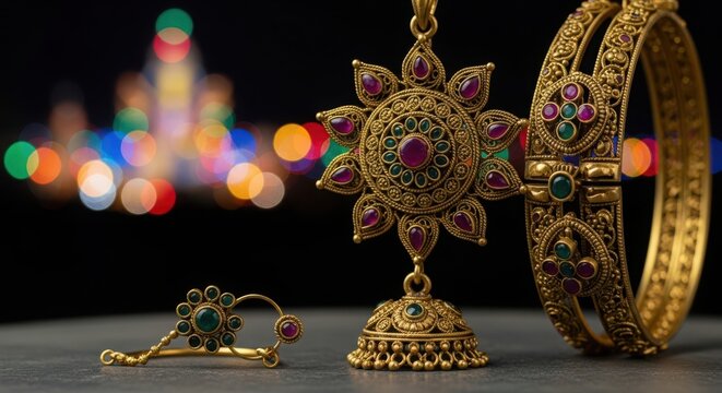 Set of luxury gold jewelry featuring necklace earring and bangles isolated on black background with light bokeh.