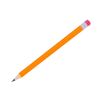 A sharp yellow pencil with an eraser on top. A sharply sharpened yellow pencil with a pink eraser on the end. School and office tasks. Notes and corrections.