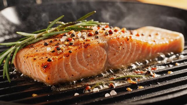 Grilled salmon fillet with herbs and spices on griddle pan close up