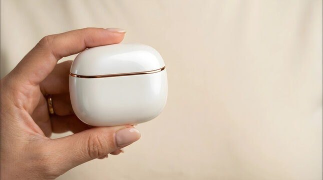 Aesthetic studio shot showcasing porcelain white charging case with subtle negative space for branding