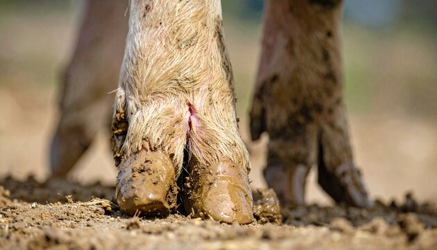 Muddy pig trotters standing on dirt ground in natural light