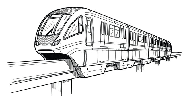 Detailed line drawing of a modern monorail train moving on an elevated track for transportation concepts