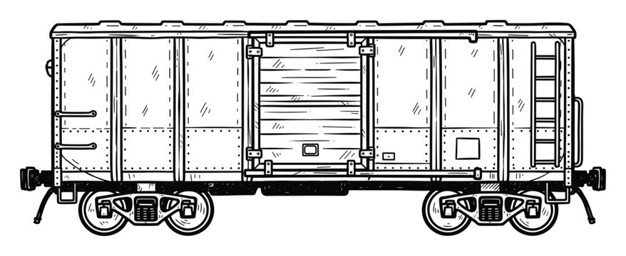 Classic hand drawn freight train boxcar with wheels ideal for transportation projects
