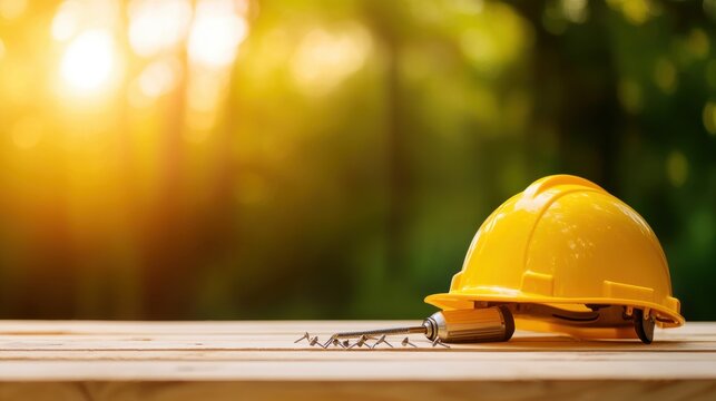 Hardhat and Tool Hardhat and power drill resting on a wooden surface, surrounded by screws and nails, representing on site construction tasks.