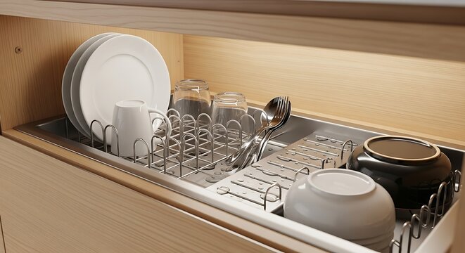 Clean dishes drying in kitchen drawer ready for use everyday