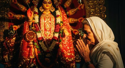 Obraz premium Elderly indian woman praying with folded hands in front of traditional durga statue during religious festival.