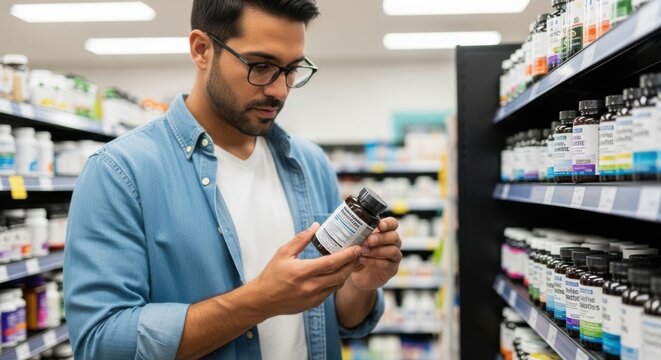 Man Carefully Reading Nutrition Label on Supplement Bottle in Pharmacy