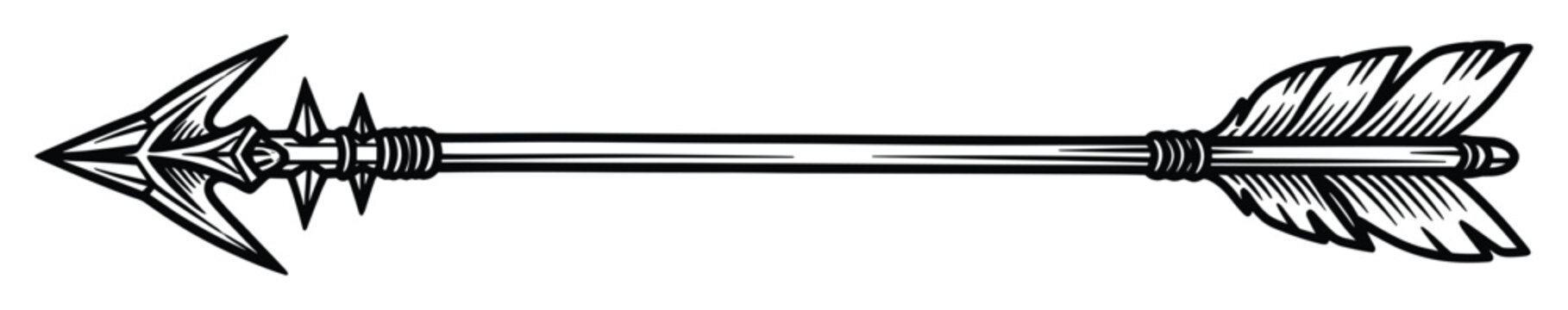 Black and white arrow with spiked head and fletching, an emblem for direction, aim.