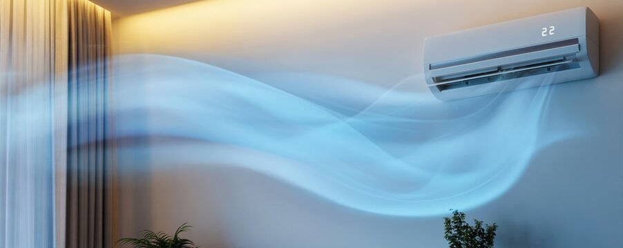 A sleek, modern wall-mounted air conditioner cools a stylish room with a digital display set to 22&deg;C. The indoor climate appliance highlights advanced cooling technology.