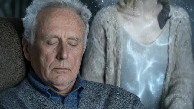 Elderly man, longing for his deceased loved one, vivid astral memories, profound loss, separation pain, soul suffering, sadness, spiritual remembrance, enduring connection