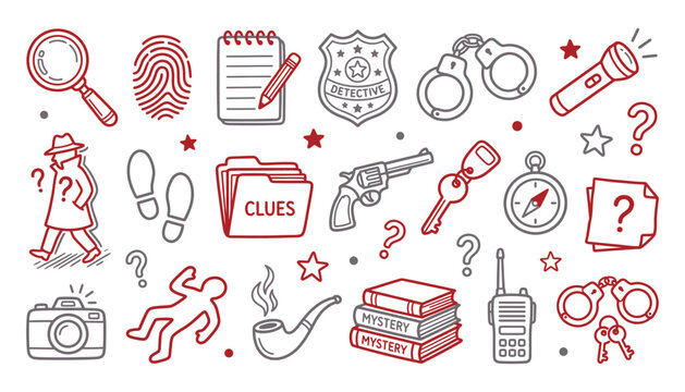 Detective mystery line art icons for investigation and crime scene storytelling