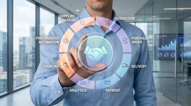 Businessman interacting with a digital procurement workflow interface showing supplier search, requisition, purchase order, delivery, payment, and analytics.