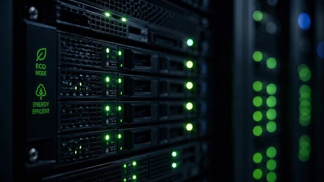 Sustainable data center rack with energy efficient servers and eco glowing green status lights dim modern server room conveying efficient