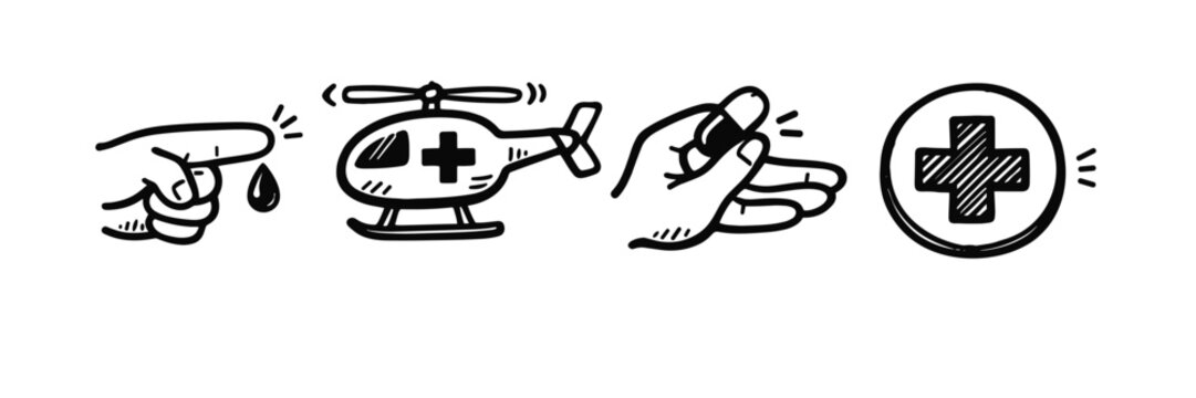 Medical icons: finger prick, helicopter, bandaged hand, medical cross