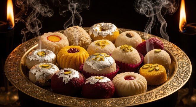 Religious offering of sweet delicacies on golden tray with burning oil lamps and rising smoke backgrounds.