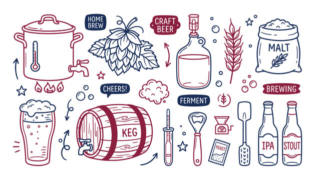 Craft beer brewing equipment icons and home brew process doodle vector set