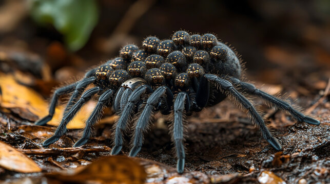 A spider carrying its spiderlings on its back, depicted in a detailed forest floor setting, showcasing nature's intricacy