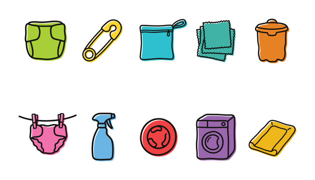 Reusable cloth diaper icons for sustainable baby care and zero waste lifestyle