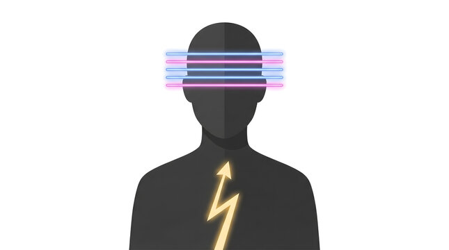 Creative digital illustration of a human silhouette featuring glowing lines across the forehead symbolizing thought processes and ideas with a lightning bolt representing energy and mental power