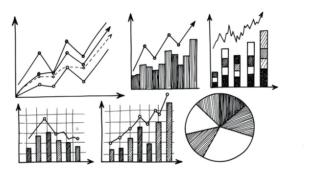 Hand drawn financial business graphs and charts for data analysis presentations and reports