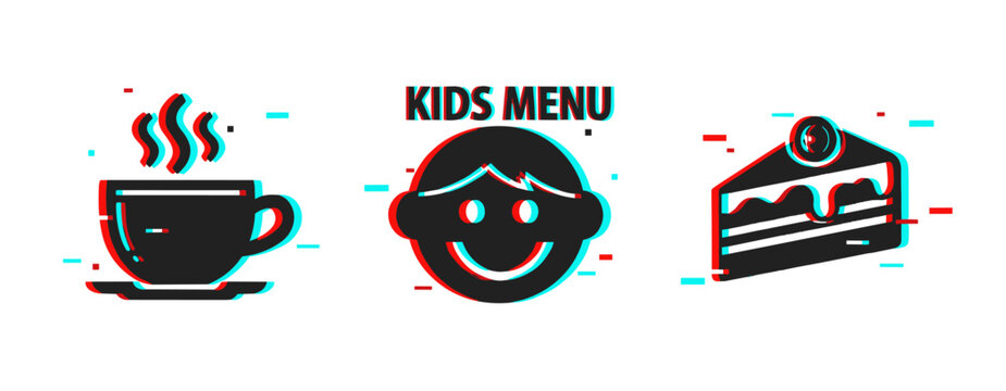 Steaming cup kid face and slice of cake for kids menu on white. Glitch effect