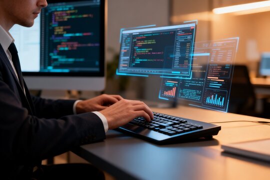 Person coding on computer with data displays