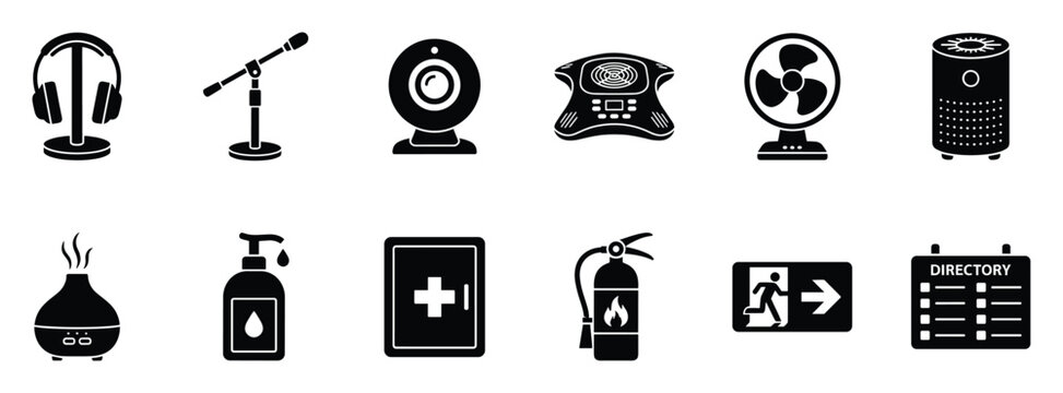 Collection of glyph icons depicting common electronic devices and safety items for daily use applications
