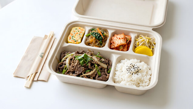 Korean meal prep lunch box with rice banchan and main dish compartmentalized container