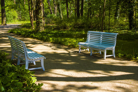 Two empty white benches in the park, symbolizing solitude, silence, nature, a slower pace of life, and a peaceful break.