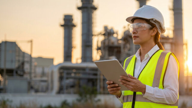 Female refinery oil tablet worker safety gear sunset industrial plant. Female refinery oil tablet, uniform worker gas engineer, professional safety energy woman industrial