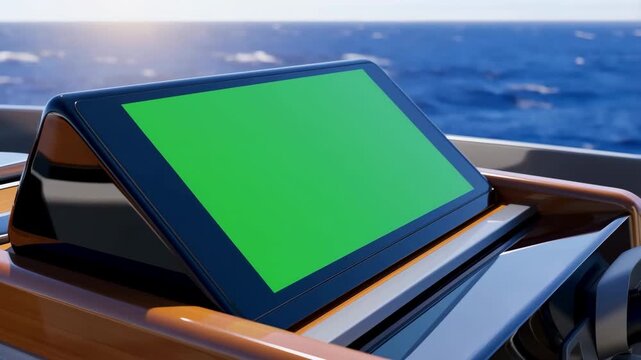 Green screen tablet mockup on a luxury yacht helm with an ocean view