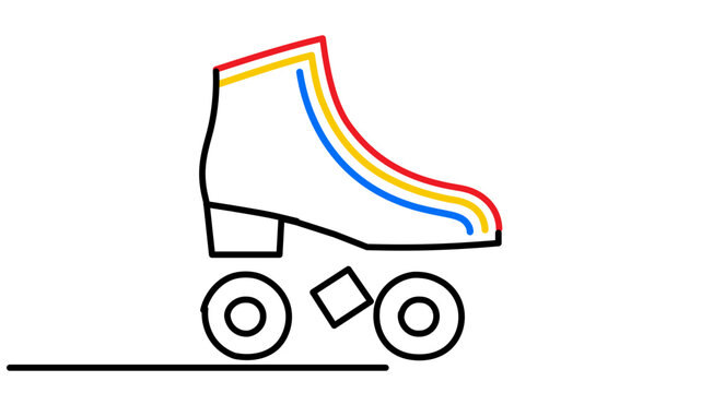 Rainbow roller skate vector icon illustration with editable stroke, vintage quad skate with colorful wheels and customizable line weight on white background, retro lifestyle design.