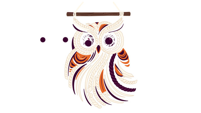 Bohemian style macrame owl wall hanging vector icon featuring an editable stroke for adjustable line weight, ideal for retro craft themes and vintage interior decoration illustrations.