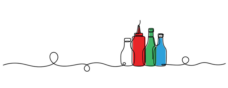 Assorted bottles and condiment containers grouped on white line. no editable strokes