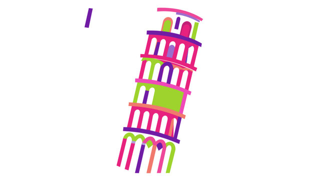 Vibrant Tower of Pisa vector icon illustration, iconic leaning bell tower of Italy in Tuscany, minimalist colorful line art for travel guides and international tourism apps on white background.