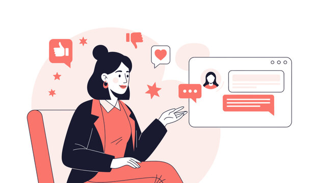 Woman intercommunicating online, receiving feedback, social media concept