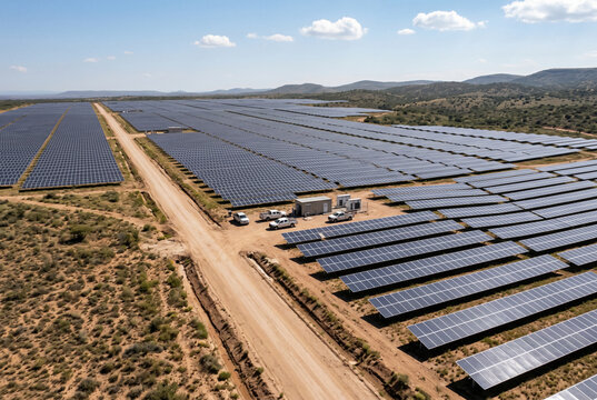 Aerial view of a large solar panel farm in a dry desert landscape
