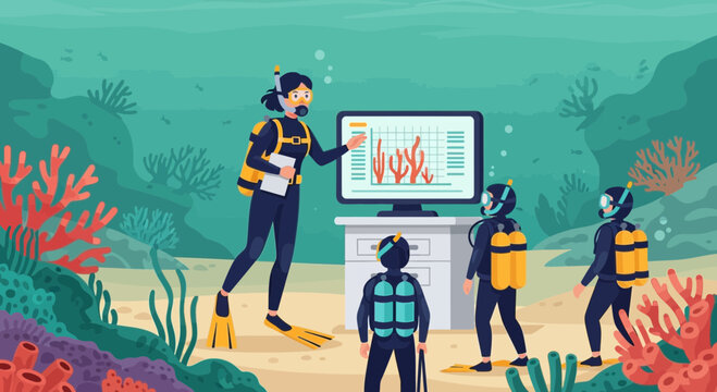 Scuba divers in ocean with equipment.