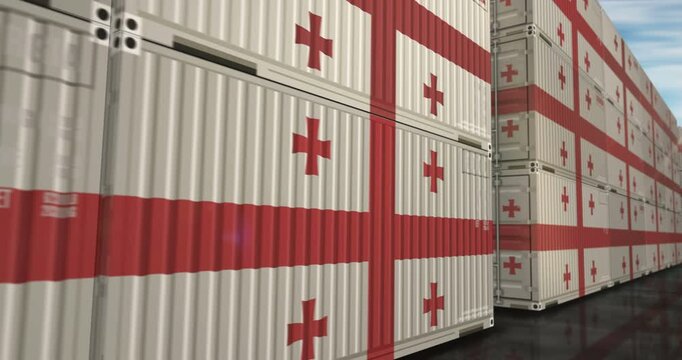 Georgia export import and production cargo containers in row seamless and loopable business concept. Georgian flag industrial shipping box 3d loop.