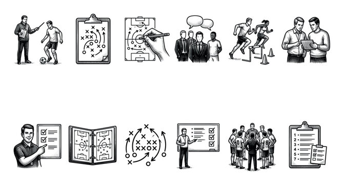 A collection of hand-drawn illustrations depicting sports coaching, strategy sessions, training drills, and teamwork, perfect for sports, business, or educational concepts.
