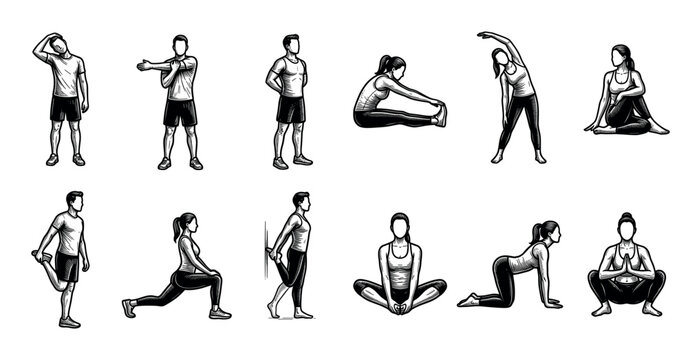 A collection of black and white linocut illustrations depicting men and women performing various stretching and exercise poses, ideal for fitness and health content.