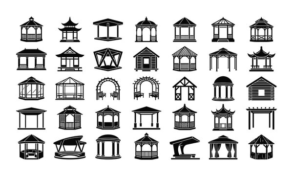 Gazebo, collection, silhouette, icons, set, garden, pavilion, pergola, outdoor, structures, backyard, architecture, shed, summerhouse, arbor, patio, park, wooden, building, vector, designs.